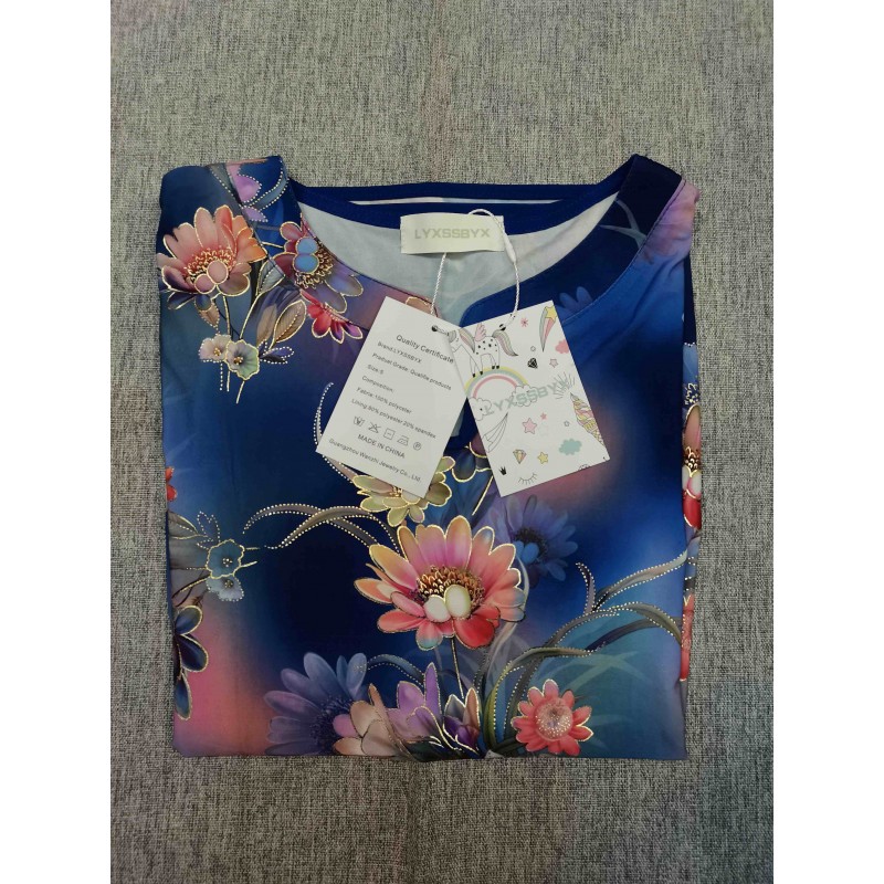LYXSSBYX Print Pink Flower Floral Women Summer Tops Blouse Shirt Femme Short Sleeve Shirt Female Blue Fashion