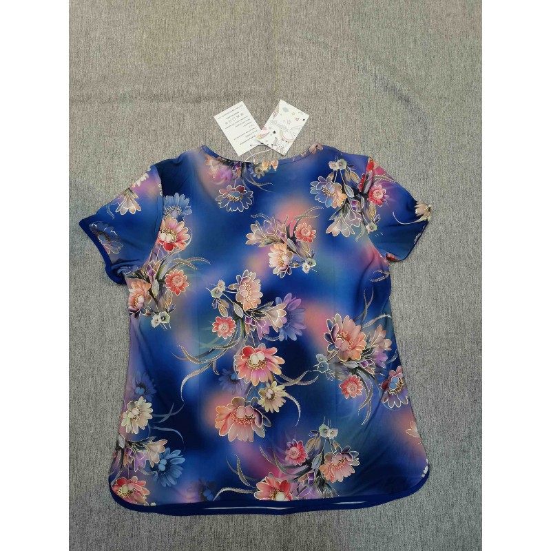 LYXSSBYX Print Pink Flower Floral Women Summer Tops Blouse Shirt Femme Short Sleeve Shirt Female Blue Fashion
