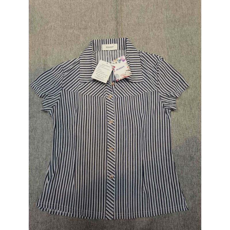 MIANHT Women's Tops Blouses Short Sleeve Vertical Striped Button-Down Work Dress Shirt