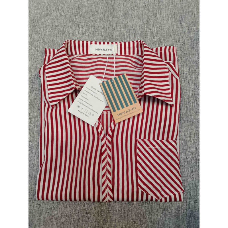 HBYJLZYG Women's Tops Blouses Short Sleeve Vertical Striped Button-Down Work Dress Shirt Red