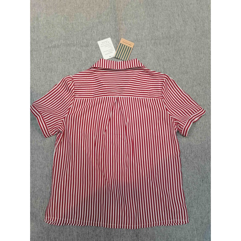 HBYJLZYG Women's Tops Blouses Short Sleeve Vertical Striped Button-Down Work Dress Shirt Red