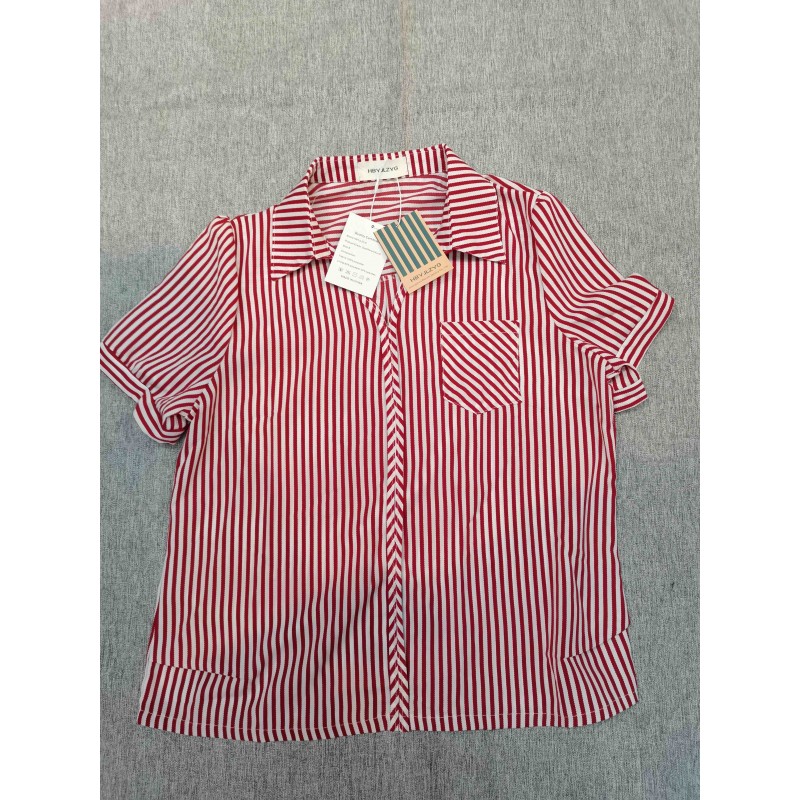 HBYJLZYG Women's Tops Blouses Short Sleeve Vertical Striped Button-Down Work Dress Shirt Red