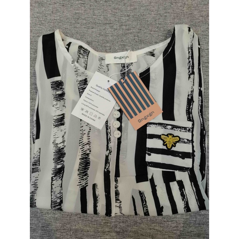 sngxgn short-sleeved blouse shirts Black white stripe