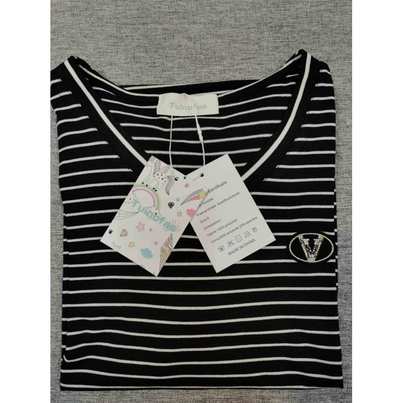 Tuinofas short-sleeved blouse shirts Black white stripe