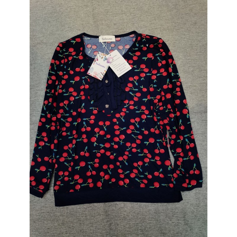tuduoms Women blouse Long-sleeve Shirt Cherry Print Black