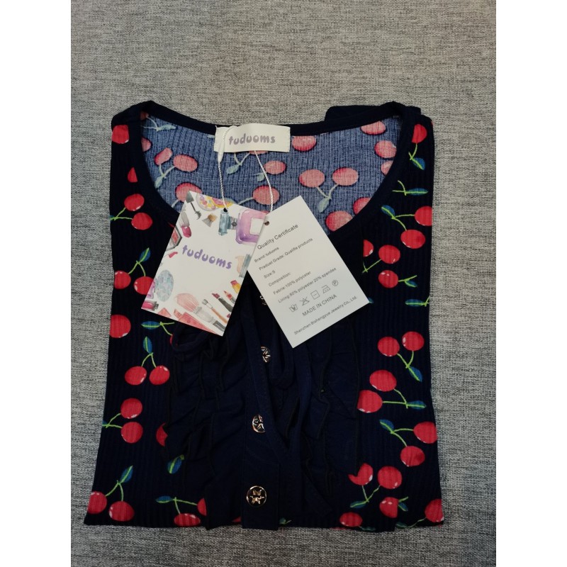 tuduoms Women blouse Long-sleeve Shirt Cherry Print Black