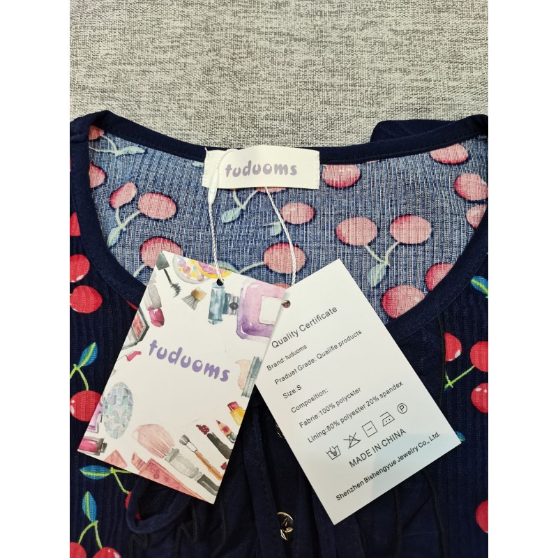 tuduoms Women blouse Long-sleeve Shirt Cherry Print Black