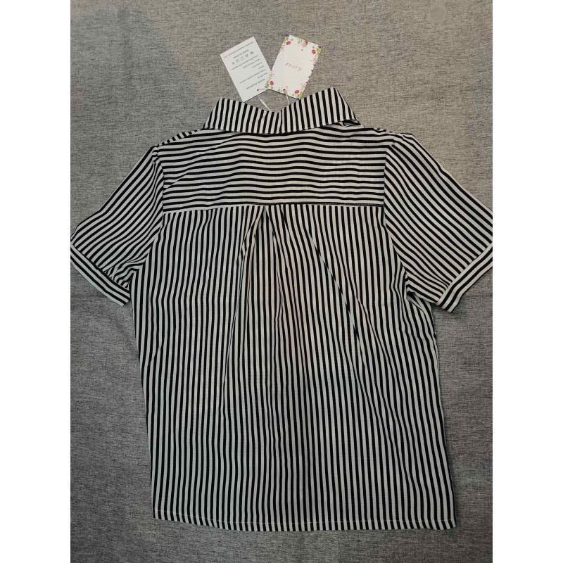 Ruroz Women's Tops Blouses Short Sleeve Vertical Striped Button-Down Work Dress Shirt