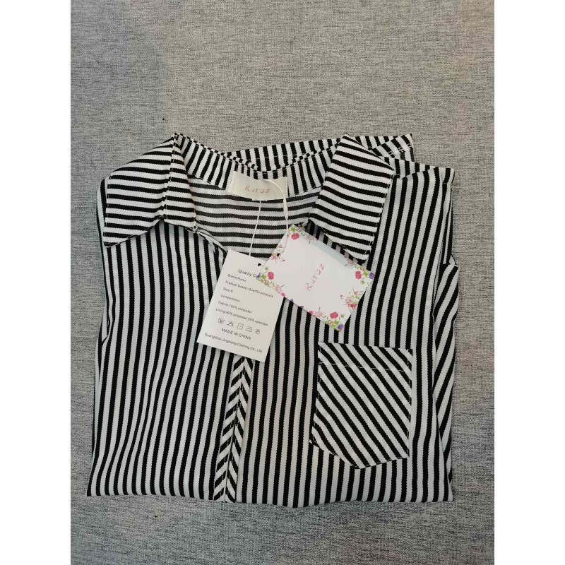 Ruroz Women's Tops Blouses Short Sleeve Vertical Striped Button-Down Work Dress Shirt