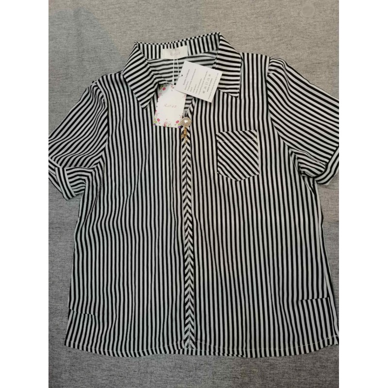 Ruroz Women's Tops Blouses Short Sleeve Vertical Striped Button-Down Work Dress Shirt