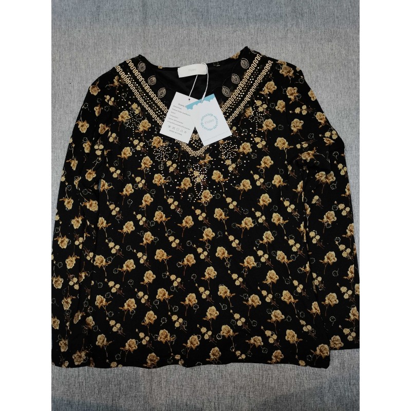 Floleo Women's Floral Print Tops Long Sleeve T-Shirt Blouses Black