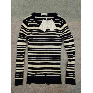 LADIGASU Black and white striped Crewneck Long Sle...