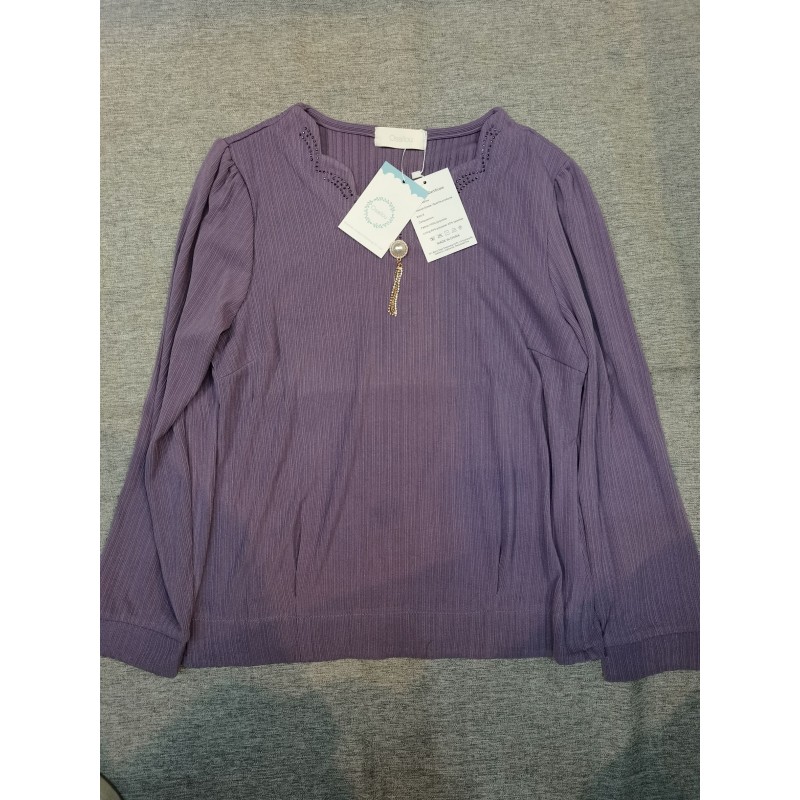Osailou Women's Knit Shirts Crewneck Long Sleeve Casual Blouses Plain Button Lightweight Pullover Purple