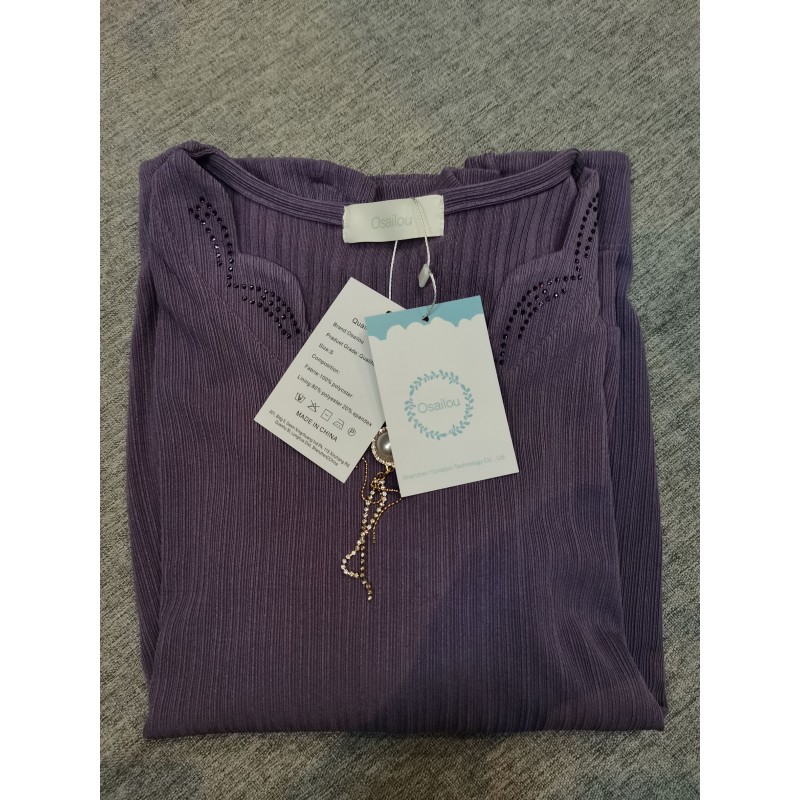 Osailou Women's Knit Shirts Crewneck Long Sleeve Casual Blouses Plain Button Lightweight Pullover Purple