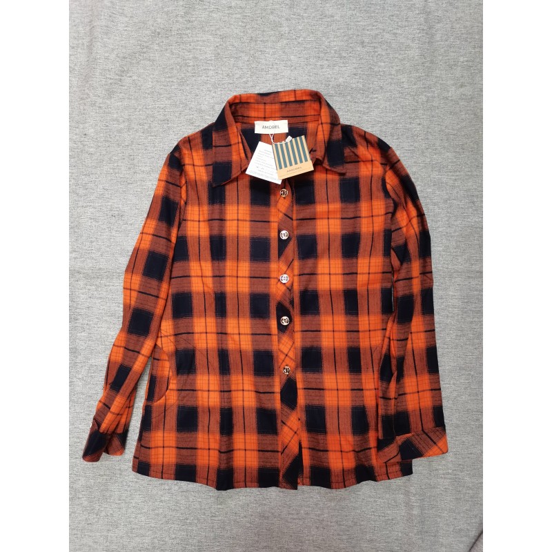 AMDBEL Women's Long Sleeve Collar Long Button Down Plaid Shirt Blouse Tops Orange