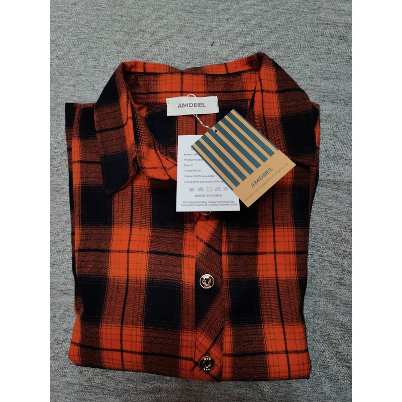 AMDBEL Women's Long Sleeve Collar Long Button Down Plaid Shirt Blouse Tops Orange