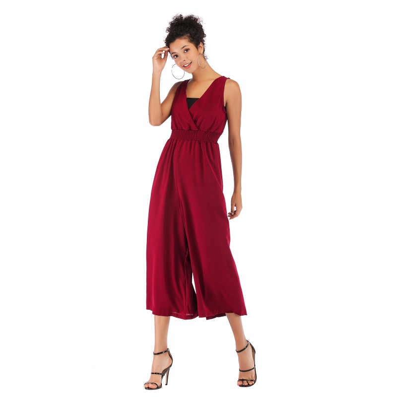 5955 Sumiton Amazon hot selling solid color V-neck with chest wrap waist strap Jumpsuit wide leg Capris