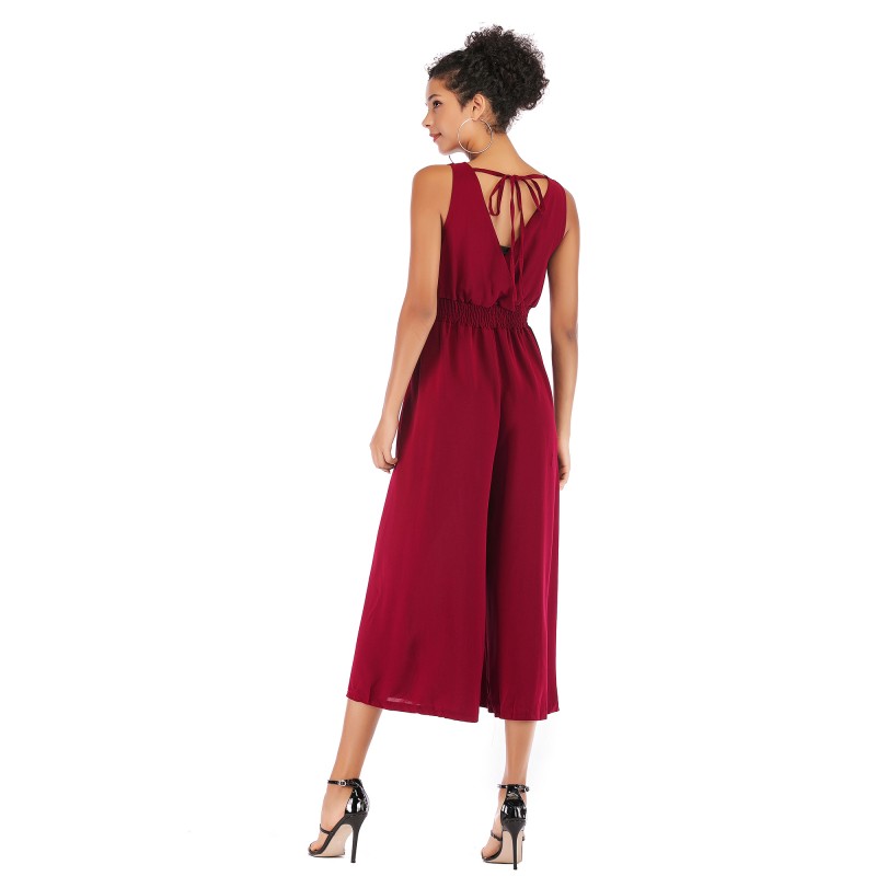 5955 Sumiton Amazon hot selling solid color V-neck with chest wrap waist strap Jumpsuit wide leg Capris