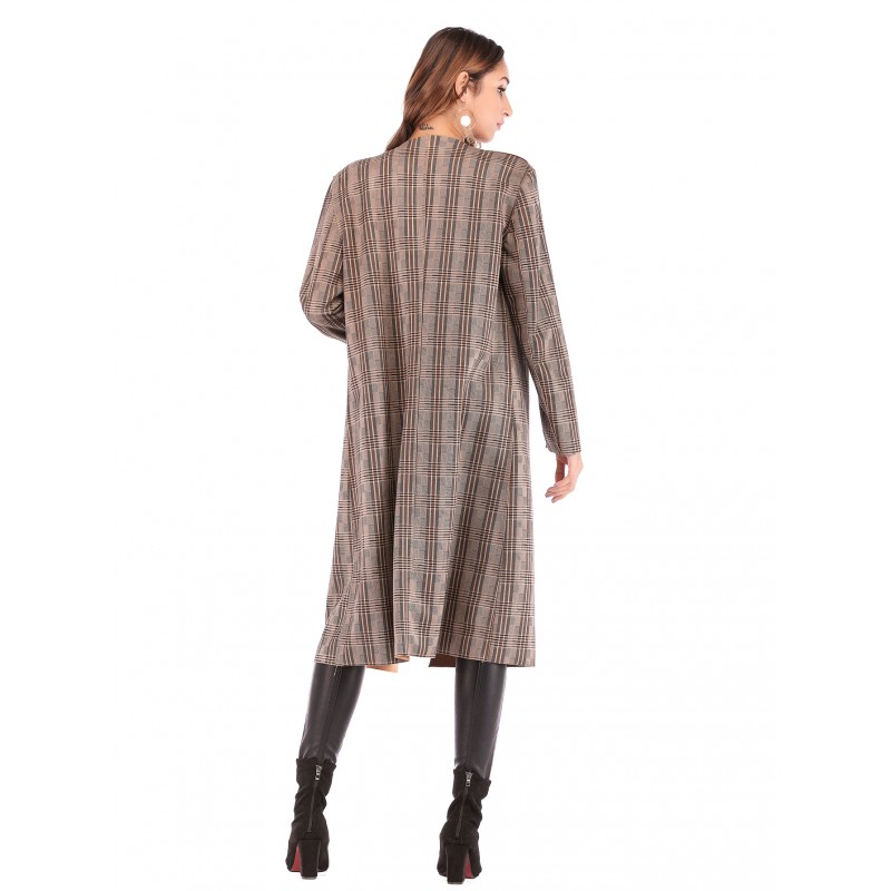 Real shot Amazon deerskin checked V-neck leather pocket long sleeve buttonless women's windbreaker cardigan 41314