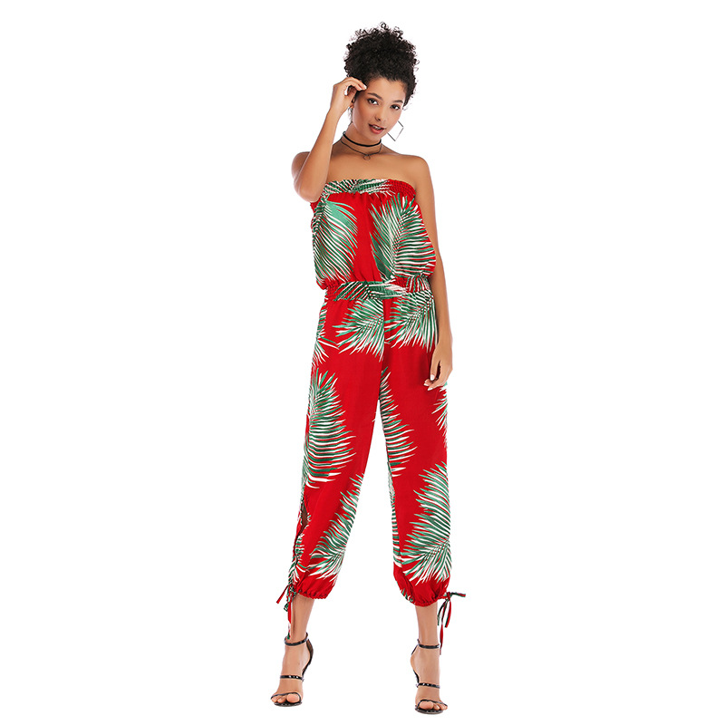 5940 Amazon express cross border popular one line collar slim back print casual Chiffon Jumpsuit