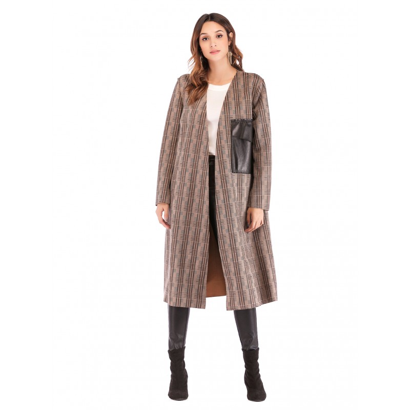 Real shot Amazon deerskin checked V-neck leather pocket long sleeve buttonless women's windbreaker cardigan 41314