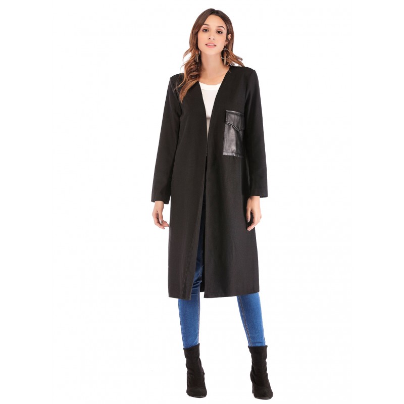 Real shot Amazon Europe and America New V-Neck long sleeve leather pocket lady's coat windbreaker 4131 in stock