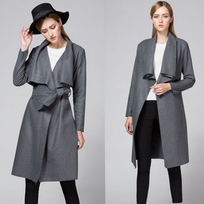 Amazon foreign trade new style Lapel cardigan lace up woolen windbreaker casual coat 8290 in stock