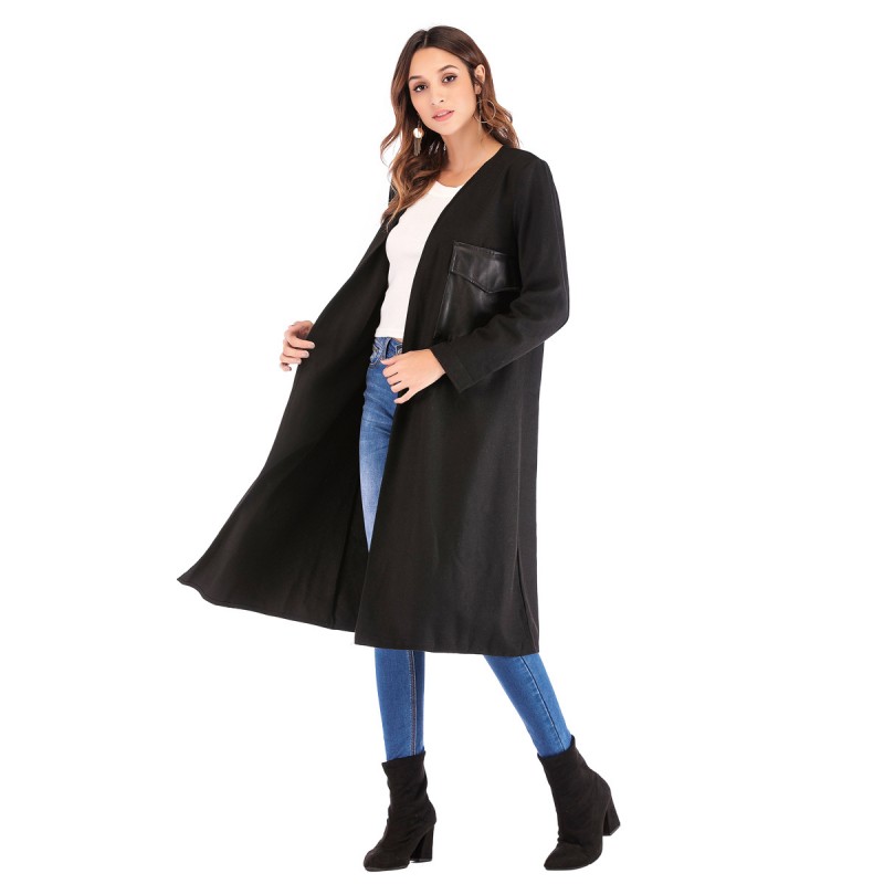 Real shot Amazon Europe and America New V-Neck long sleeve leather pocket lady's coat windbreaker 4131 in stock
