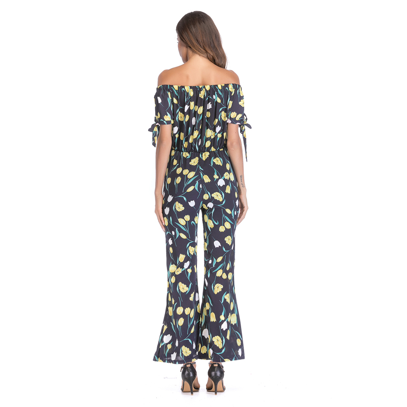 Real photo 5436 quick sell through hot one-word neck open shoulder waist print Jumpsuit women's Cuffs tied rope pants