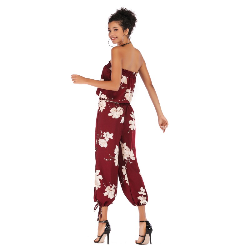 5940 Amazon express cross border popular one line collar slim back print casual Chiffon Jumpsuit
