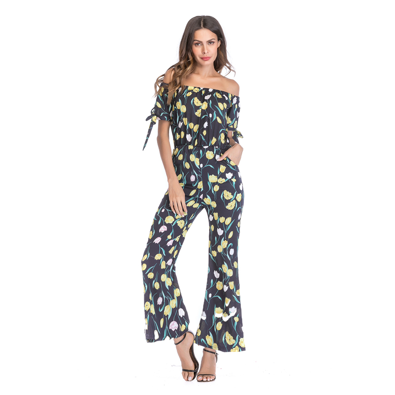 Real shot 5436 instant sale hot one line collar off shoulder waist collection printed Jumpsuit pants with cuffs and rope binding
