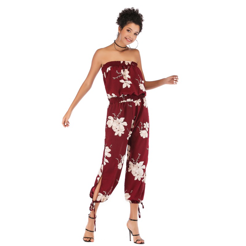 5938 Amazon express cross border popular one line collar slim back print casual Chiffon Jumpsuit