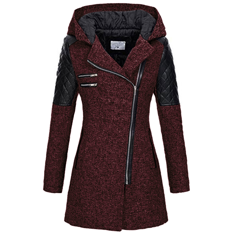 Eaby Amazon popular women's clothing autumn winter mid long hooded loose diagonal zipper woolen windbreaker coat thick cotton coat