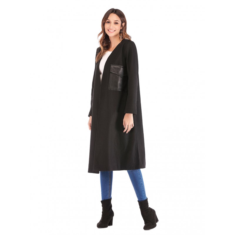 Real shot Amazon Europe and America New V-Neck long sleeve leather pocket lady's coat windbreaker 4131 in stock