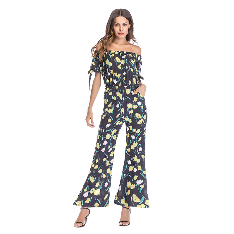 Real shot 5436 sumitong hot one line collar off shoulder waistband printed Jumpsuit with cuffs and lace up pants