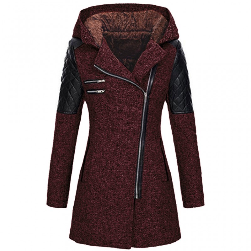 Amazon Women's autumn and winter mid long hooded loose diagonal zipper woolen windbreaker coat composite plush cotton jacket