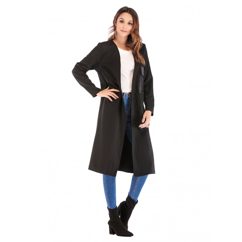 Real shot Amazon Europe and America New V-Neck long sleeve leather pocket lady's coat windbreaker 4131 in stock
