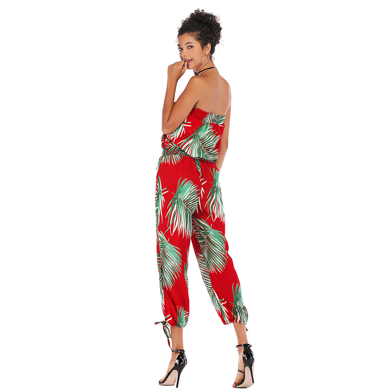 5938 Amazon express cross border popular one line collar slim back print casual Chiffon Jumpsuit
