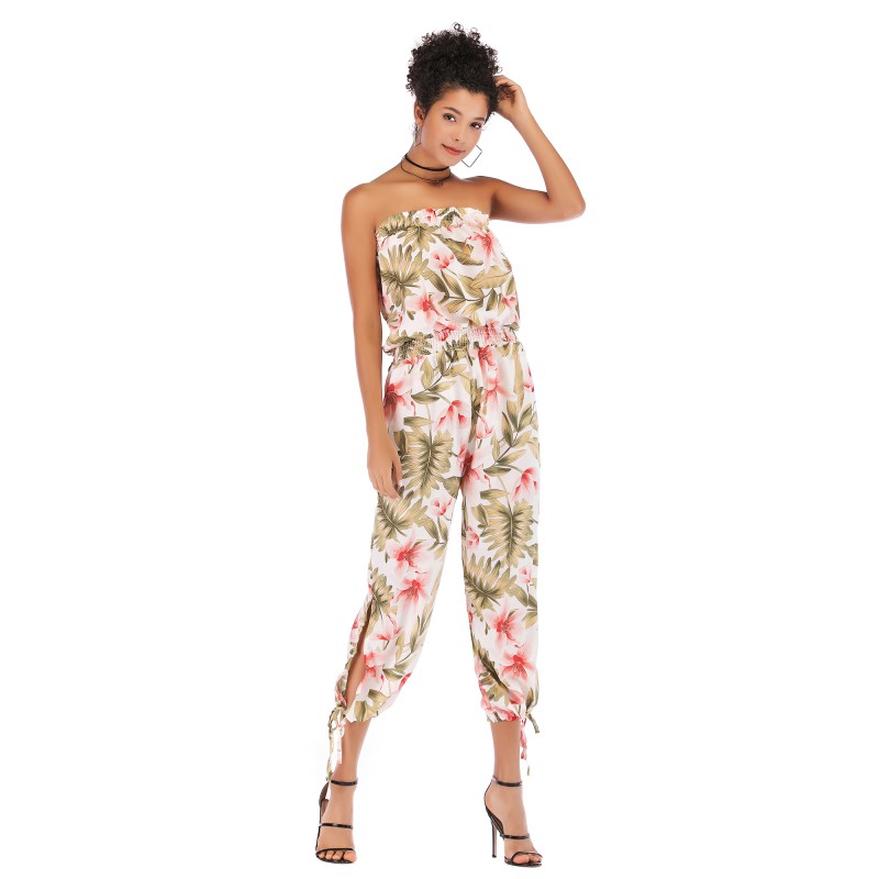 5938 Amazon express cross border popular one line collar slim back print casual Chiffon Jumpsuit