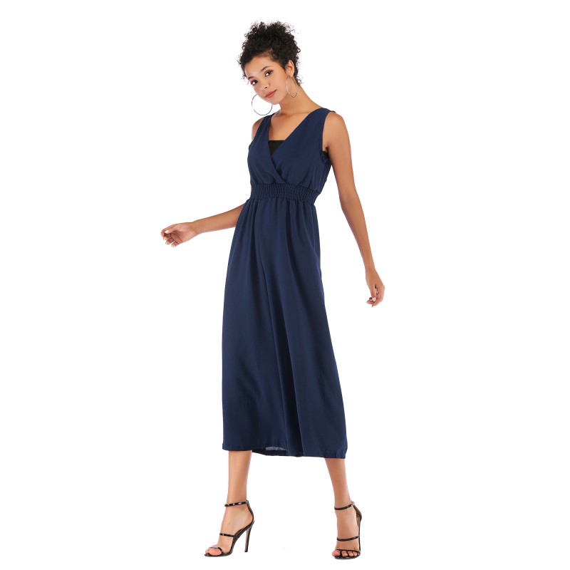 5955 Sumiton Amazon hot selling solid color V-neck with chest wrap waist strap Jumpsuit wide leg Capris