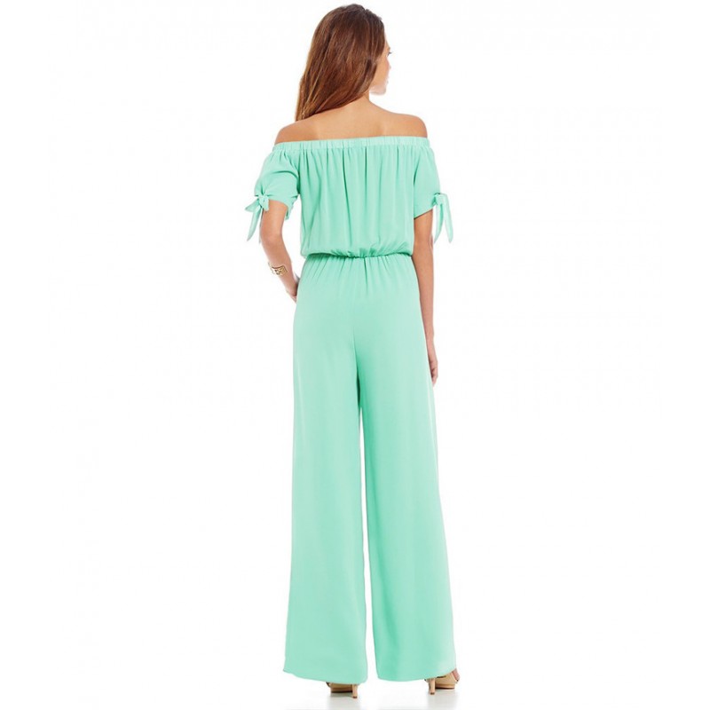 5397 quick sale one line collar off shoulder waist snow yarn Jumpsuit pants