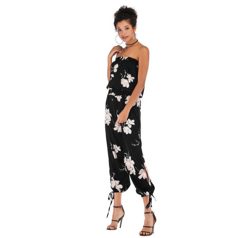5940 Amazon express cross border popular one line collar slim back print casual Chiffon Jumpsuit