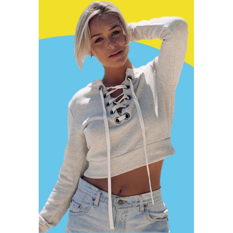 Amazon express Europe and the United States new tie rope short open navel sweater women's autumn and winter long sleeve round neck sexy top