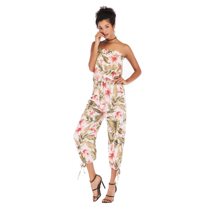 5939 Amazon express cross border popular one line collar slim back print casual Chiffon Jumpsuit