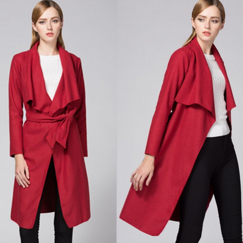 Amazon foreign trade new style Lapel cardigan lace up woolen windbreaker casual coat 8290 in stock