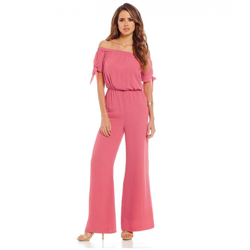 5397 quick sale one line collar off shoulder waist snow yarn Jumpsuit pants