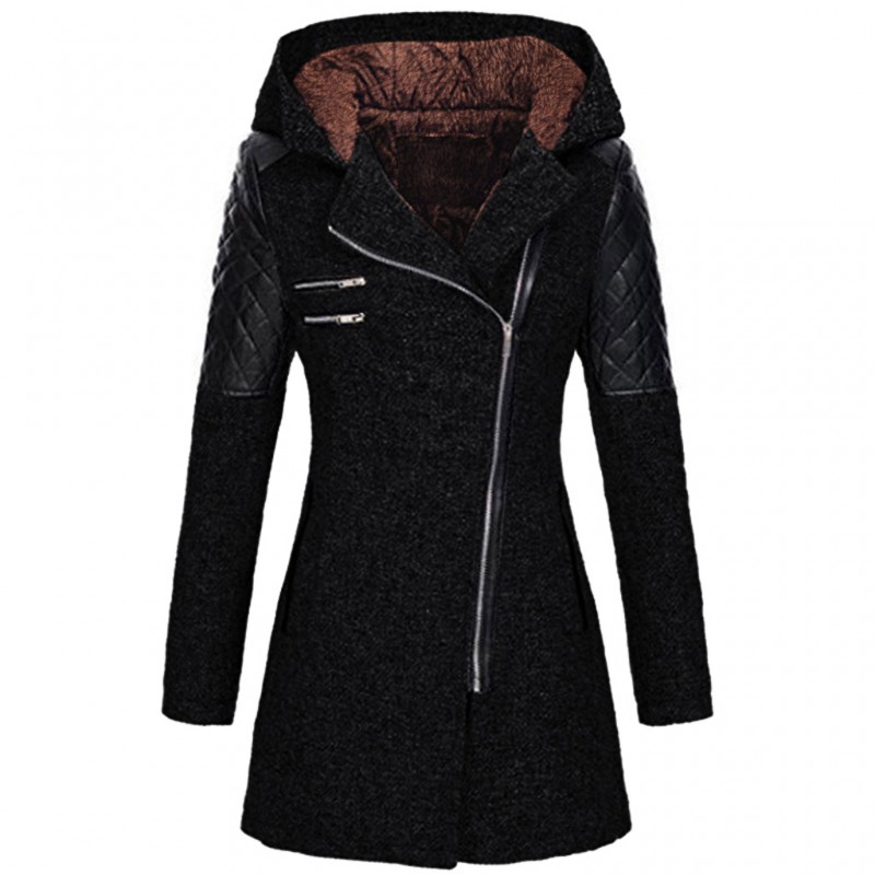 Amazon Women's autumn and winter mid long hooded loose diagonal zipper woolen windbreaker coat composite plush cotton jacket