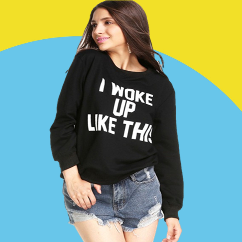 Amazon express European and American new letter printed casual sweater women's autumn and Winter Fleece long sleeve slim fitting top