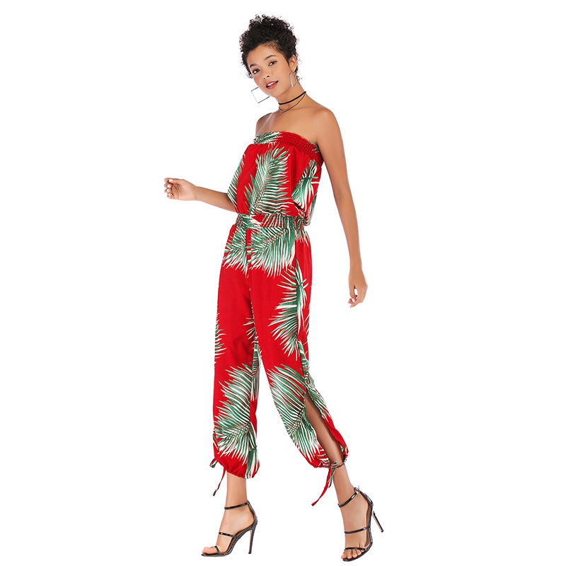 5939 Amazon express cross border popular one line collar slim back print casual Chiffon Jumpsuit