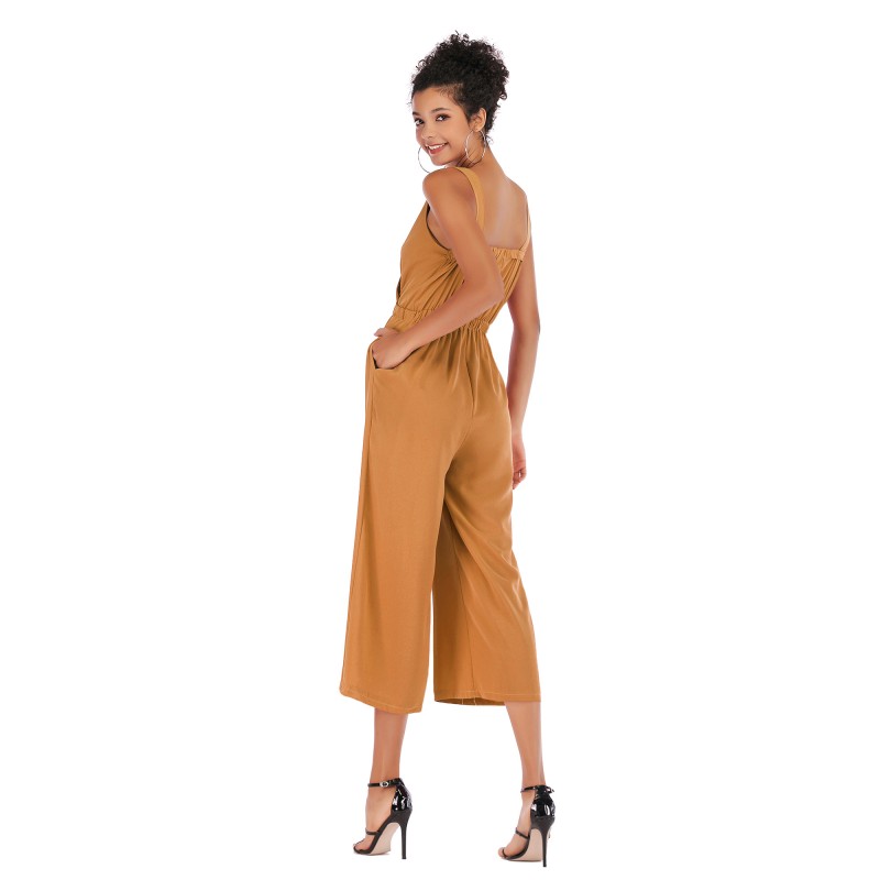 5954 sumitong hot selling V-neck waistband open back casual pants shoulder strap solid Chiffon Jumpsuit loose pants